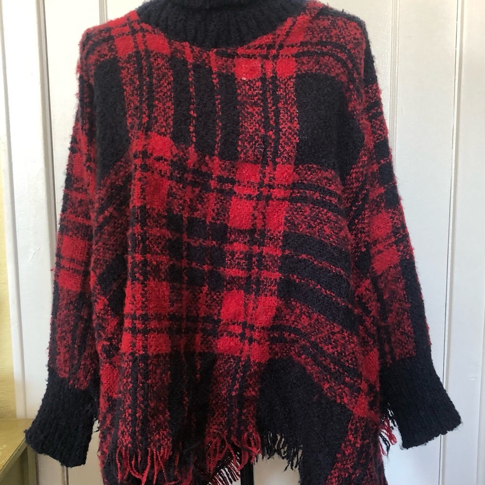 Knit Plaid Red and Black Women's Cozy Poncho Sweater